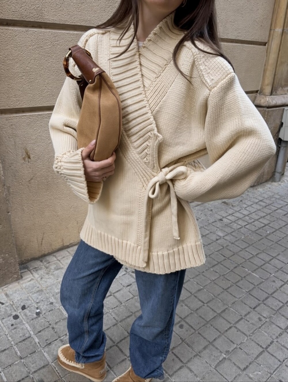 Chic V-neck Knitted Lace-up Women Cardigan Elegant Solid Full Sleeve Loose Cropp